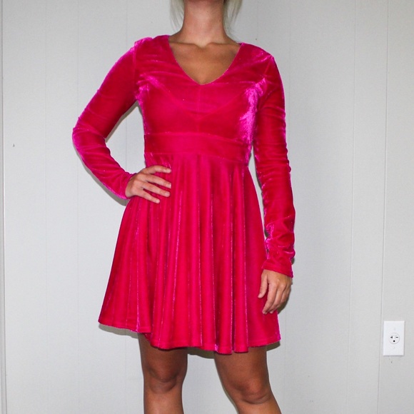 pink velvet long sleeve dress